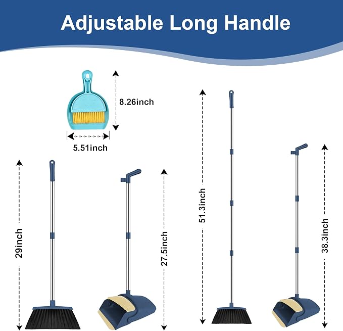 Broom and Dustpan Set, 51" Long Handle Broom with Mini Set Navy Blue | Mini Set for Tables, Kitchens & Tight Spaces, Built-in Comb Dustpan, Foldable Space-Saving Storage, Multi-Surface Use - Image 3