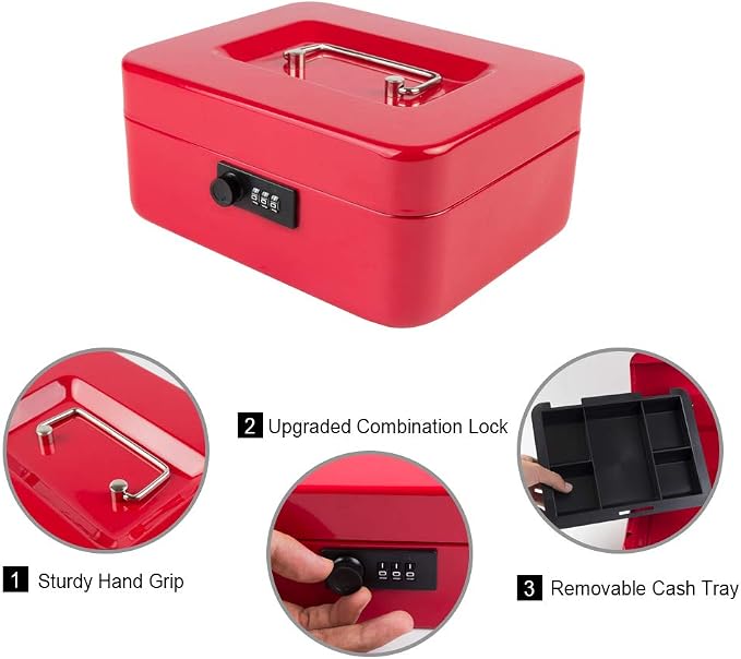 KYODOLED Medium Cash Box with Combination Lock Safe Metal Money Box with Money Tray for Security Lock Box 7.87"x 6.30"x 3.54" Red Medium - Image 2