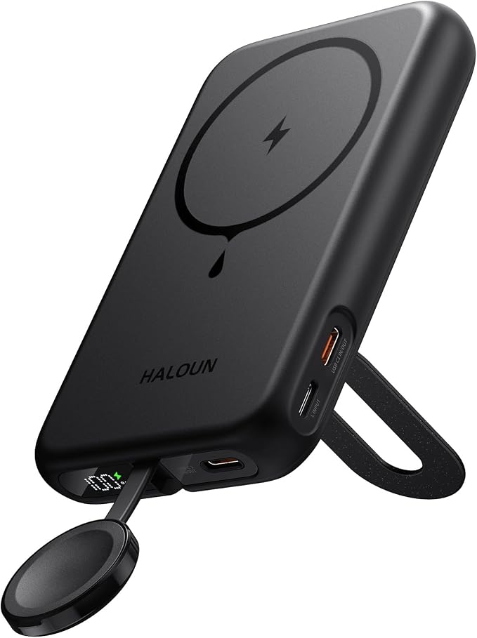 Magnetic Portable Charger for iPhone & Apple Watch, 10000mAh Wireless Power Bank USB-C Fast Charging with Stand for iPhone Air/17/16/15/14/13 Series & iWatch, Travel Essential for Magsafe Battery Pack by Haloun