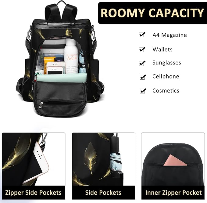Travel Backpack Purse for Women Anti Theft Convertible Backpacks Fashion Waterptoof Nylon Daypack Black Feather | Hidden Back Zipper Opening, Compact Travel Size,Summer Purse, Daypack for College Work, Fits 13-inch laptop - Image 6