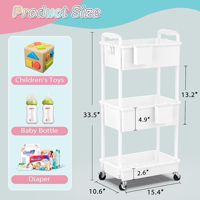 SUNALLY Baby Diaper Caddy Cart,3 Tier Rolling Diaper Cart for Nursery,White | Large Capacity & Easy Assemble Diaper Storage Organizer with Lockable Wheels for Newborn, New Mom, Baby Girl Boy Essentials - Image 2