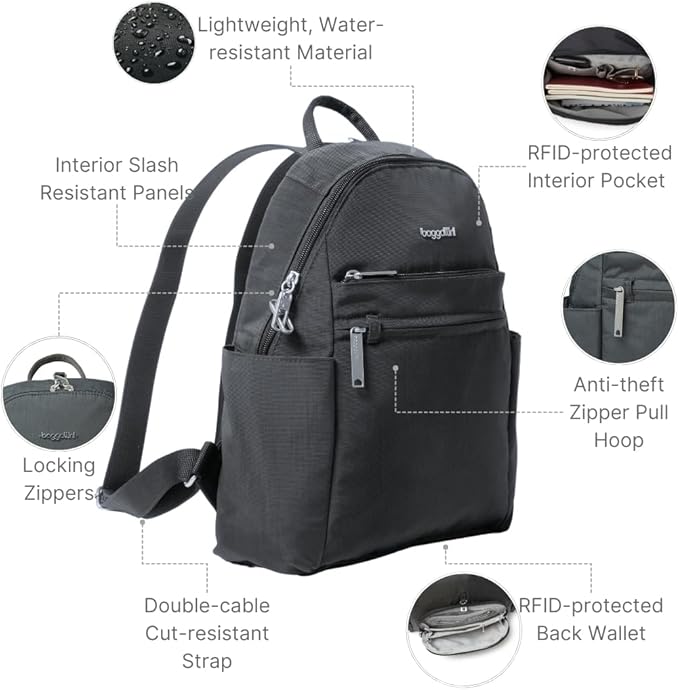 Baggallini Securtex® Anti-theft Vacation Travel Backpack 10x13 Slash-Resistant Nylon Daypack w/RFID, Charcoal - Image 3