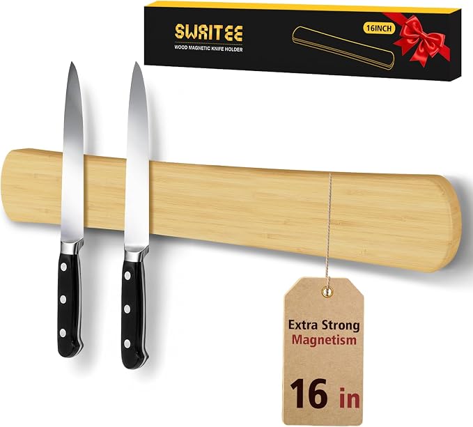 Magnetic Knife Holder, 16 Inch Bamboo Wood Knife Strip for Wall or Fridge | Fridge Magnetic or Screw-Mounted, Strong Magnet Secures Knives, Space-Saving, Kitchen Knife Storage, Housewarming Gift by SWAITEE