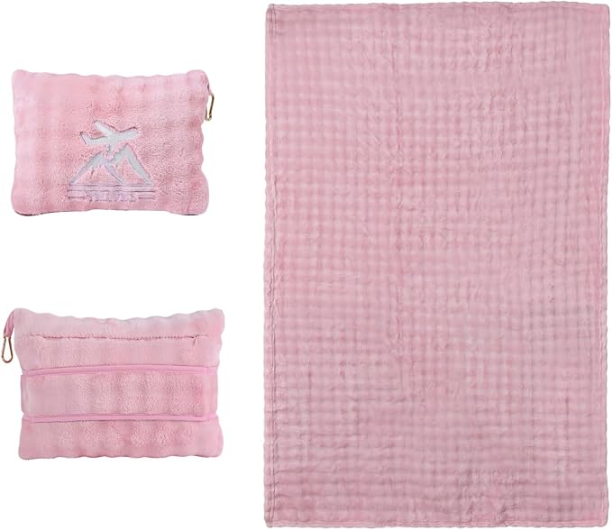 Travel Blanket and Pillow-2-in-1, Ultra-Soft&Compact, Airplane Blanket with Hand Luggage Belt and Backpack Clip,Travelers Accessories Gifts, 61x43 Inches(Pink by Unknown