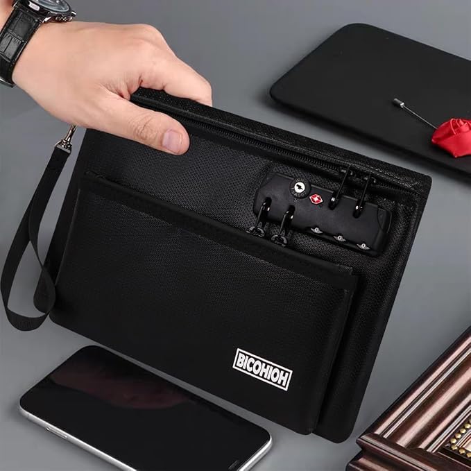 Fireproof Money Bag with Lock, Cash Bag Bank Bag for Cash, Valuable Storage Bag,Fireproof Safe Box Money Pouch with Zipper (BLACK, Small) - Image 2
