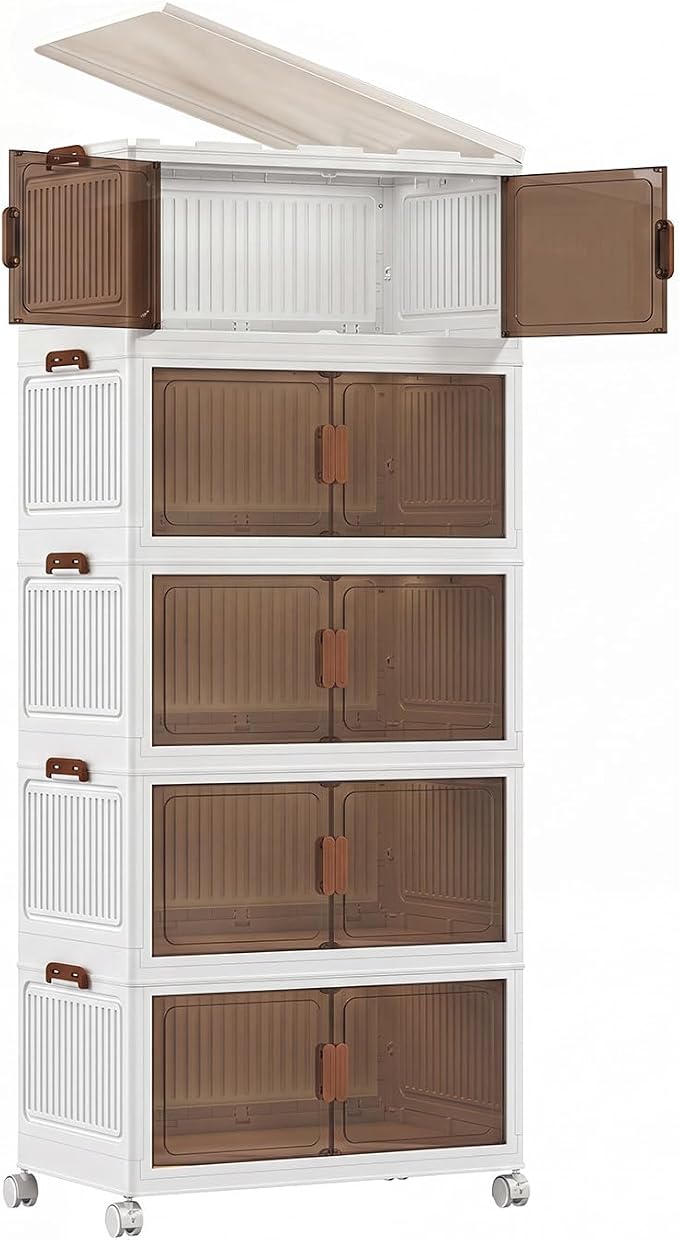 120QT Stackable Storage Bins With Lids, Collapsible Plastic Storage Bins with Wheels and Doors, Foldable Plastic Cabinets for Bedroom Dorm Garage Office Kitchen, 5 Pack by Unknown