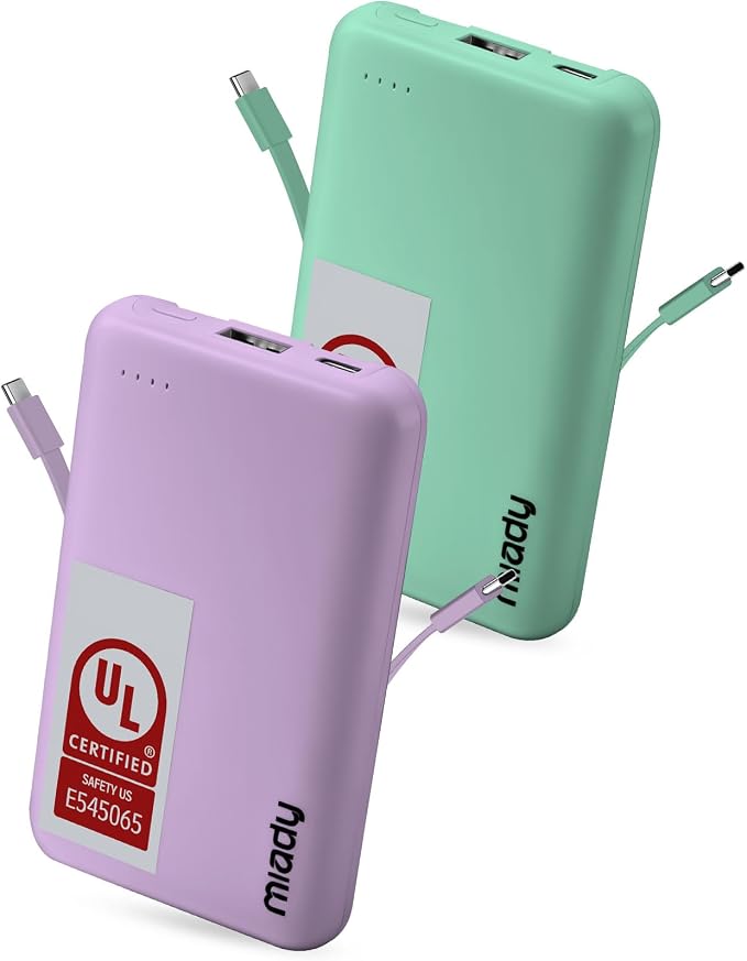 Miady UL Listed 2-Pack Small Portable Charger 5000mAh Power Bank for Travel | 18.5Wh丨Built-in 2 Cables丨3 Outputs 2 Inputs丨Compatible with iPhone Android etc丨Flight-Safe丨for Backpack Campingl丨Green+Purple by Miady