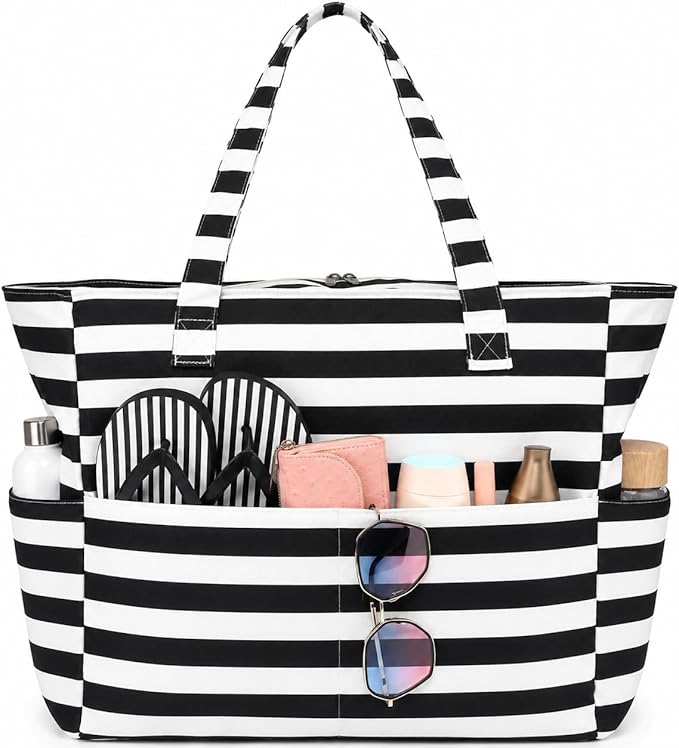 LEDAOU Large Beach Bag for Women, Waterproof Sandproof Tote Bag with Zipper | 36L Pool and Swim bag with Zipper, Wet/Dry pocket and 7 Pockets for Beach Days, Cruises, Vacations and Family travel by LEDAOU