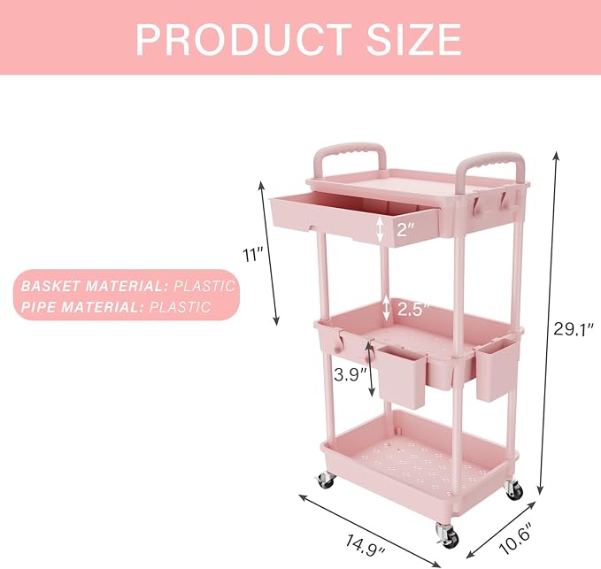 REBECAT 3 Tier Rolling Utility Cart with Drawer,Storage Cart,Rolling Cart for Kitchen,Bathroom,Living Room,Storage Organizer with Iron Wheels（Pink - Image 2