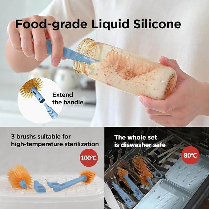 Travel Bottle Cleaner Kit with Foldable Bottle Drying Rack, Blue | Auto-Open Rack & Vertical Brushs Drying Slots, 3 Silicone Brushes, Foldable Drying Rack, Dispenser, BPA Free. - Image 5