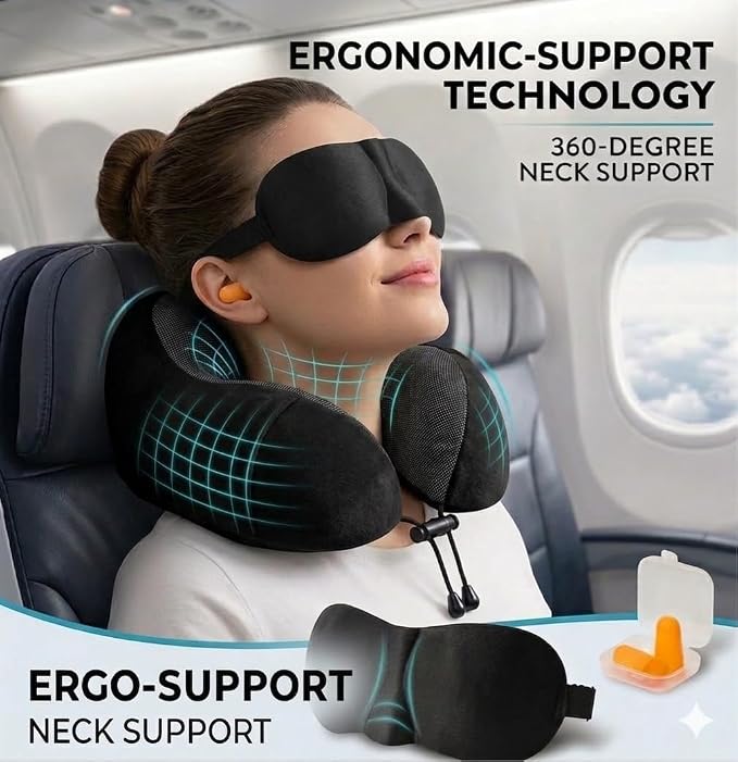 Airplane Travel Neck Pillow, 100% Memory Foam Ergonomic Neck Support, Airplanes Neck Pillow with Washable Cover Travel Essential for Flight & Office Include Eye Mask, Earplugs & Carry Bag (Black) - Image 4