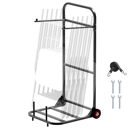 VEVOR Folding Chair Rack, 100 LBS Capacity, Heavy-Duty Chair Cart for Hanging 10 Chairs, Multi-Function Metal Chair Storage Dolly with Rubber Wheels, Push-Style Chair Holder, Matte Black by VEVOR