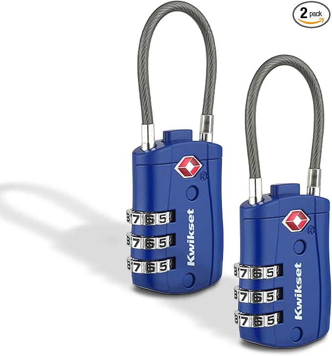 Kwikset TSA Approved Combination Luggage Lock with Cable, 2-Pack, Blue | Blue Pair Spots Your Bags Fast at Baggage Claim; Flexible Cable Shackle and Resettable Code, 1-3/16 in Body by Unknown