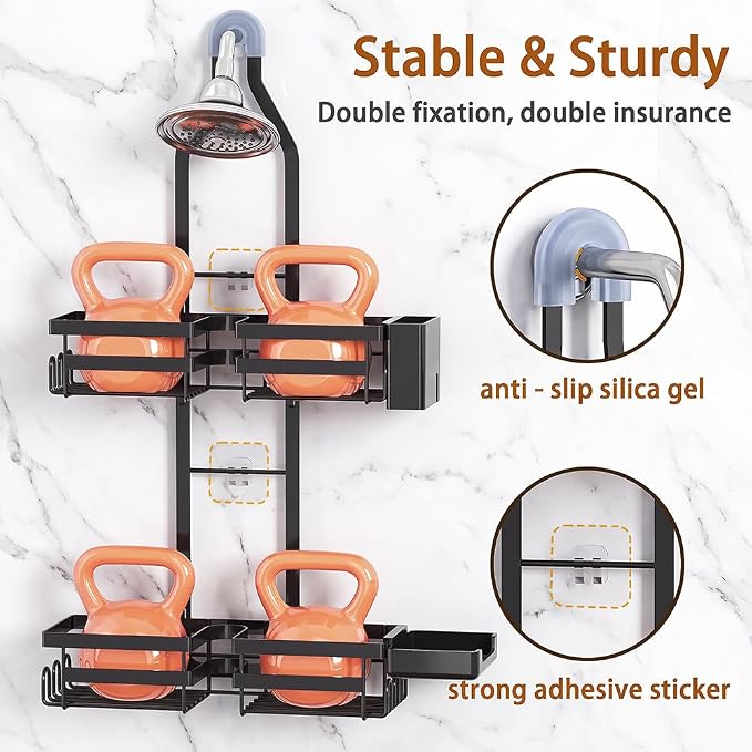 Shower Caddy Hanging Overhead, Adjustable Organizer, Black | Rustproof Bathroom Shelf Fits Handheld & Fixed Shower Heads, 12 Hooks, Soap & Toothbrush Holder, No-Drill Installation - Image 7