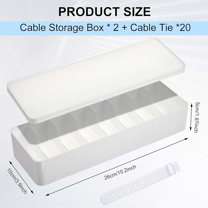 Tatuo 2 Pcs Cord Organizer for Drawer Desktop, Cable Organizer Box with 8 Compartments and Wire Ties, Plastic Charger Storage with Lid, Electronics Case for Home Office Accessories (Small,White) - Image 2