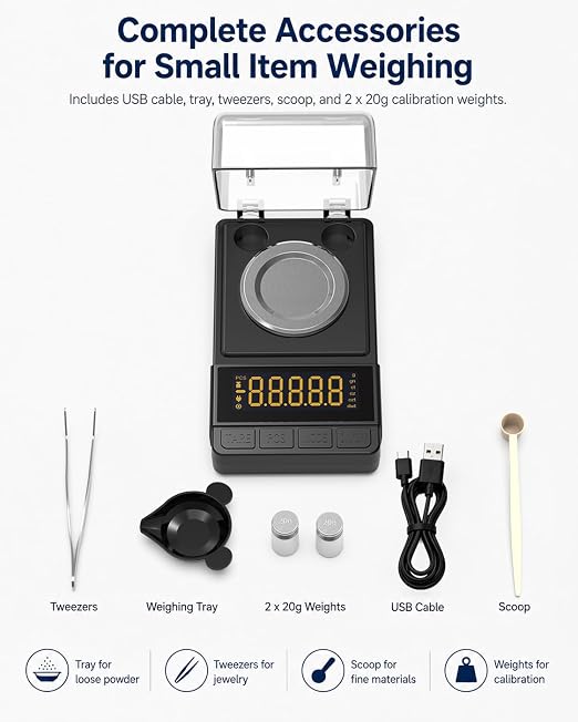 Digital Milligram Scale 50g/0.001g, Compact Mg Scale, 2 x 20g Weights | Black Powder Scale for Reloading, 6 Units, Tare, Counting, USB/Battery Powered, for Jewelry, Gold, and other micro items - Image 8