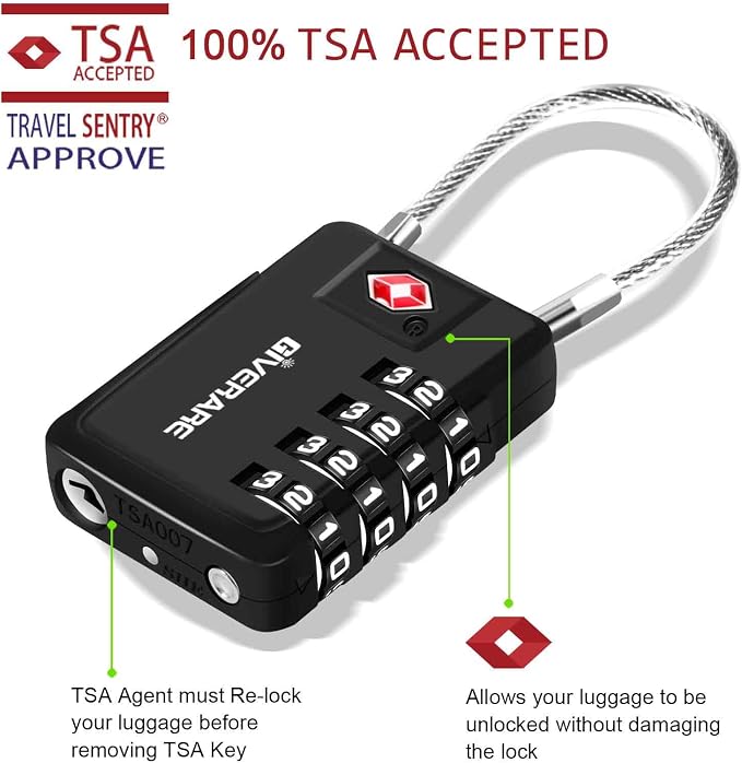 2 Pack TSA Approved Travel Luggage Locks 4-Digit, Metal Cable Suitcase Combination Lock, Alloy Keyless Zipper Padlocks, TSA Accepted Compatible Padlock for Gym Locker, Golf Bag Case, Anti Theft-Black - Image 4