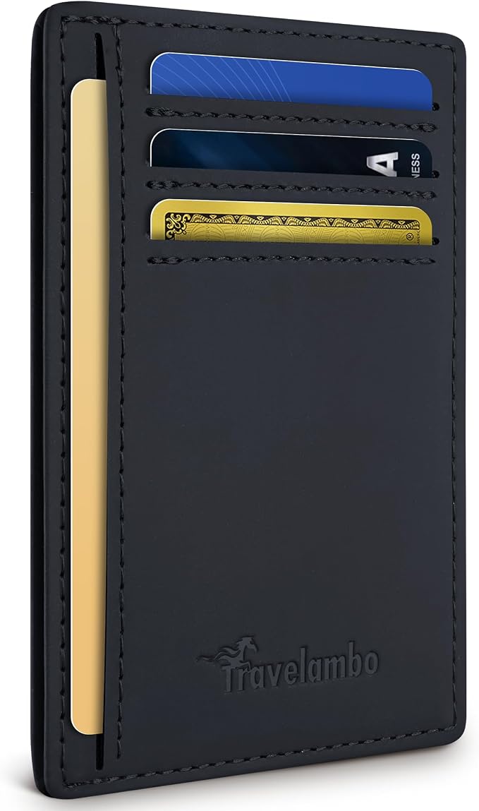 Travelambo Slim Wallet Front Pocket Minimalist Leather RFID Blocking Medium Size(Edge-Finished Black) by Travelambo