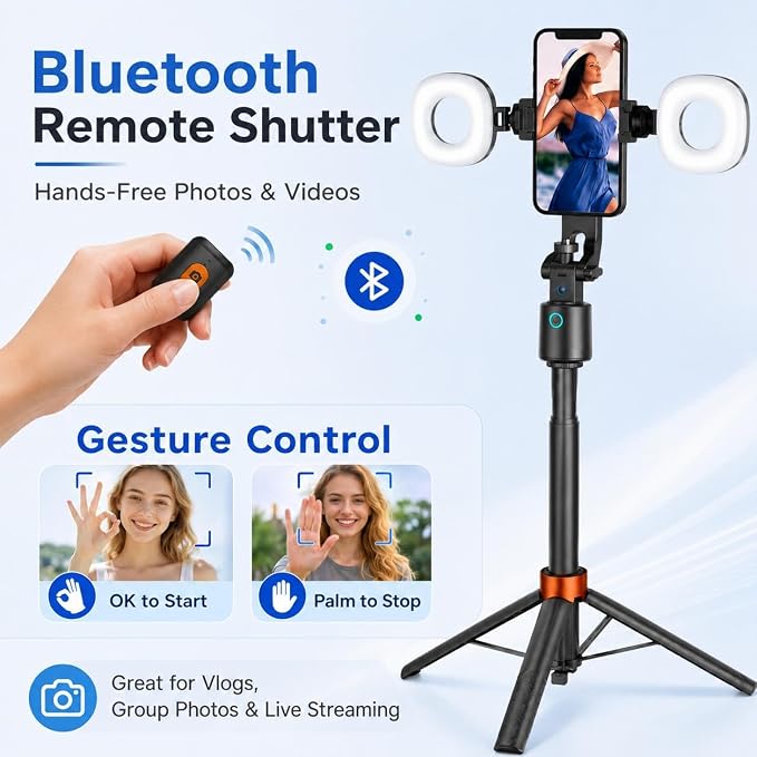 70" Auto Face Tracking Tripod with Light, 360° Smart Phone Stand with Remote, Selfie Stick for iPhone Android, No App Needed, Video Recording Vlogging Live Streaming - Image 5
