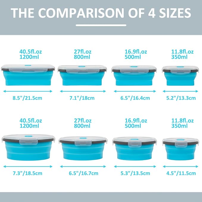 Collapsible Silicone Food Storage Containers Set with Lid & Air Vent, Foldable Lunch Containers, 8 Pack (4 Rectangular + 4 Round Bowls), BPA-Free, Space-Saving - Image 6