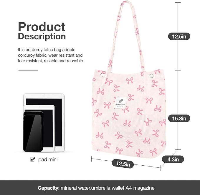LHMTQVK Corduroy Tote Bags for Women, Large Capacity Tote Purse Reusable Grocery Shoulder Bag with Inner Pockets - Image 3