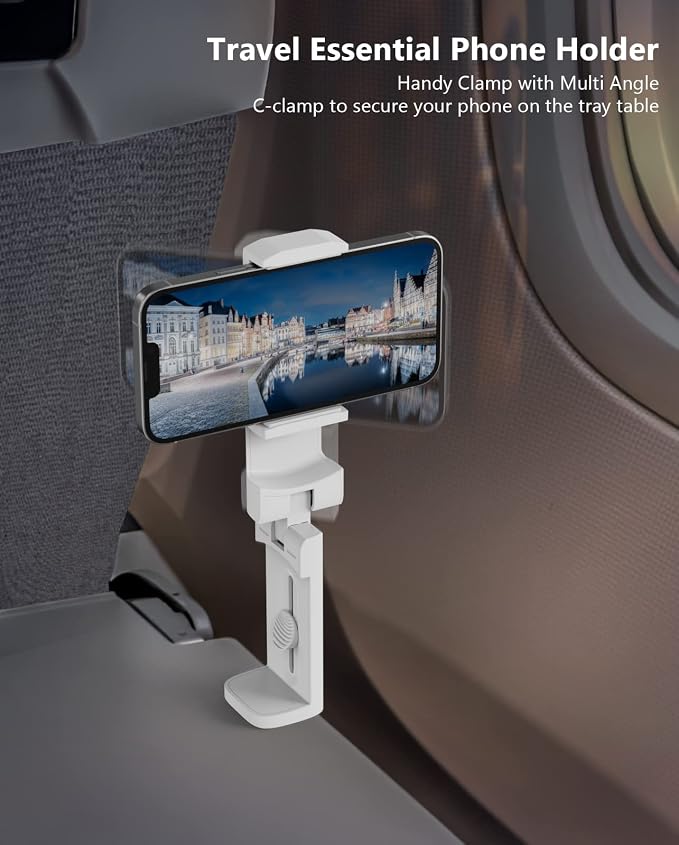 MiiKARE Travel Essentials Airplane Phone Holder, Universal Handsfree Phone Mount for Flying with 360 Degree Rotation, Travel Must Haves Phone Stand for Desk, Tray Table, White - Image 3