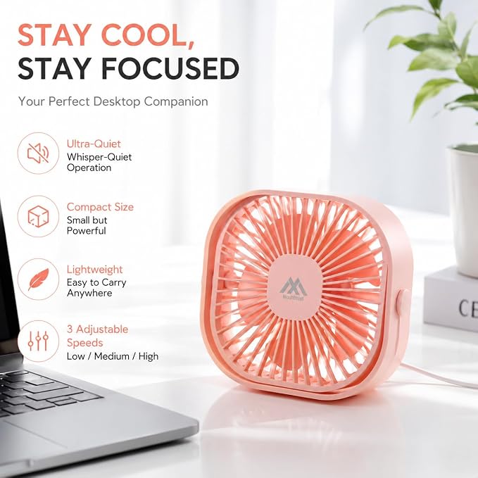 Electric Fans USB Silent Fan, Portable Desk Small FanDesk Fan 3 Speed Settings, Mini Table Fan for Office Desk, Travel, Home, Cruise Essentials, Quiet Cute Personal Indoor/Outdoor, F101 Pink - Image 2