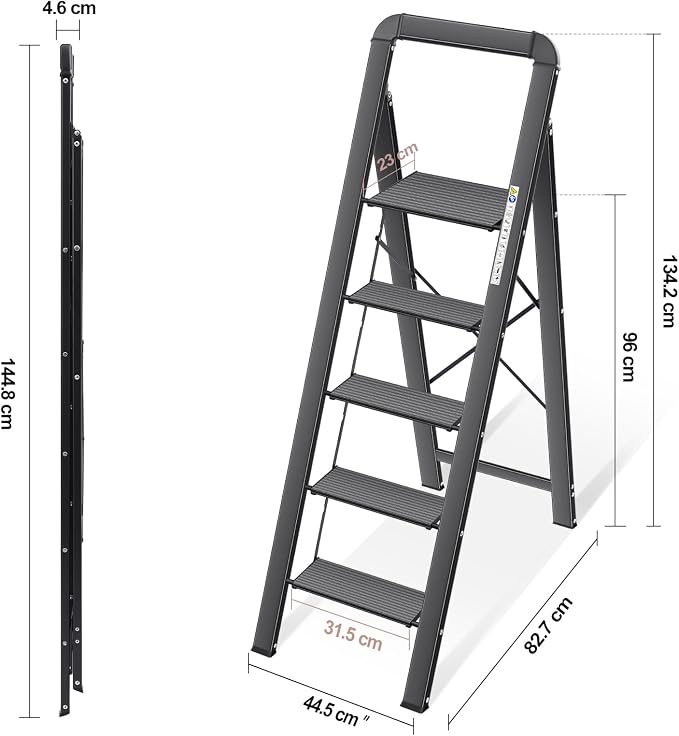 KINGRACK Aluminium 5 Step Ladder, Lightweight Step Stool with Non-Slip Pedals, Handrail, Folding Step Ladder for Kitchen, Garage, Home, Space Saving, Sturdy and Portable, Black - Image 6