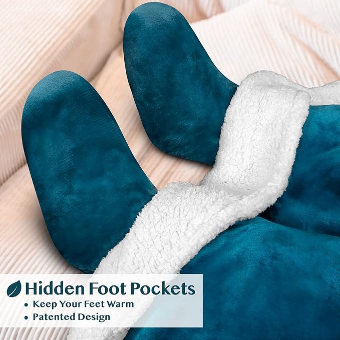 PAVILIA Sherpa Blanket with Sleeves, Foot Pocket for Women Men Adults, Thick Wearable Blanket Throw Wrap, Fleece Warm Snuggle Blanket Robe, Cozy Gift Ideas Wife Mom, Teal Blue - Image 2
