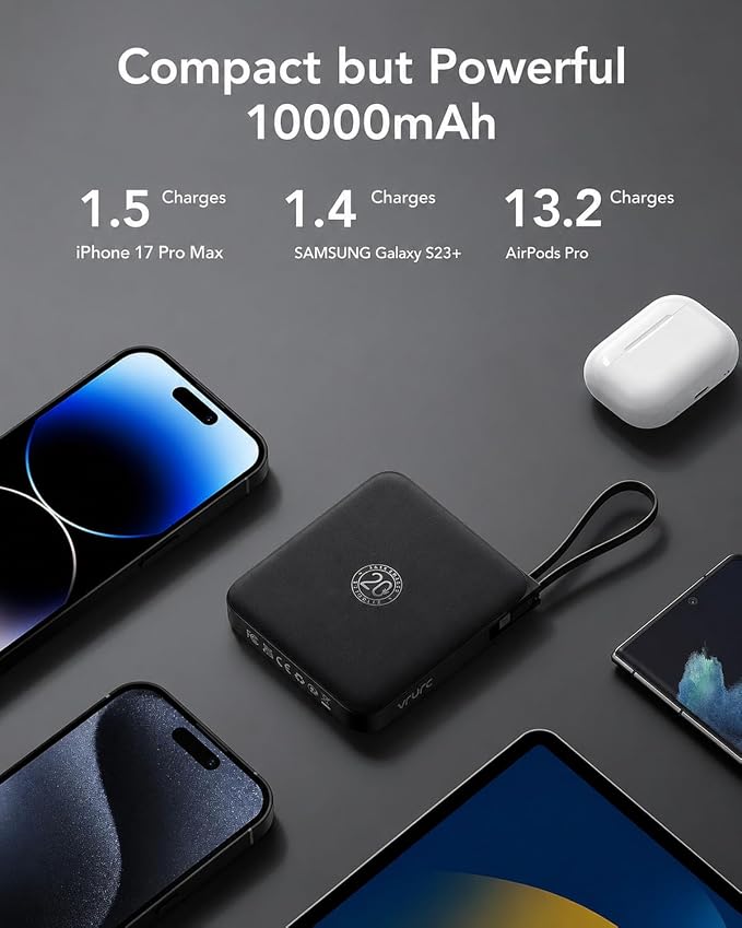 VRURC Portable Charger with Built-in Cables, 10000mAh 22.5W Fast Charging USB C Power Bank with LED Digital Display, Slim Battery Pack for iPhone 17/16/15 & Samsung Galaxy & Android Phones (Black) - Image 6