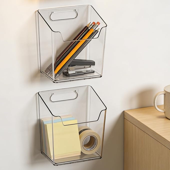 JAPCHET 8 PCS Adhesive Wall Storage Bins, Clear Cabinet Door Organizer, Acrylic Wall Mount Organizer Adhesive Hanging Bin for Wall, Refrigerator, Cabinet, Kitchen, Bathroom, Countertops - Image 7