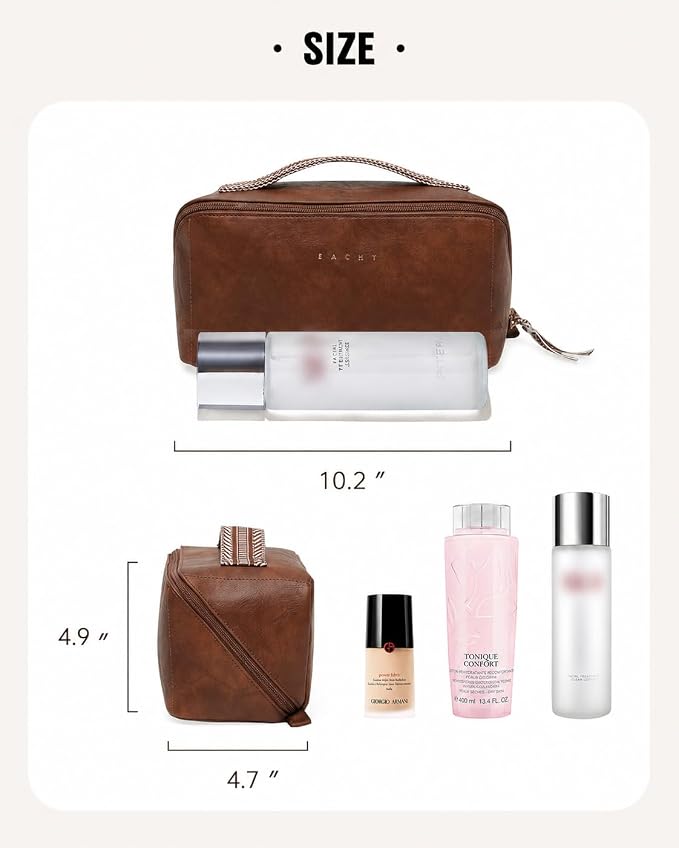 EACHY Travel Makeup Bag for Women, PU Leather Cosmetic Bag, Brown, Large | Water-resistant PU leather exterior with flat-open access, clear TPU brush compartment and organized storage for cosmetics - Image 6