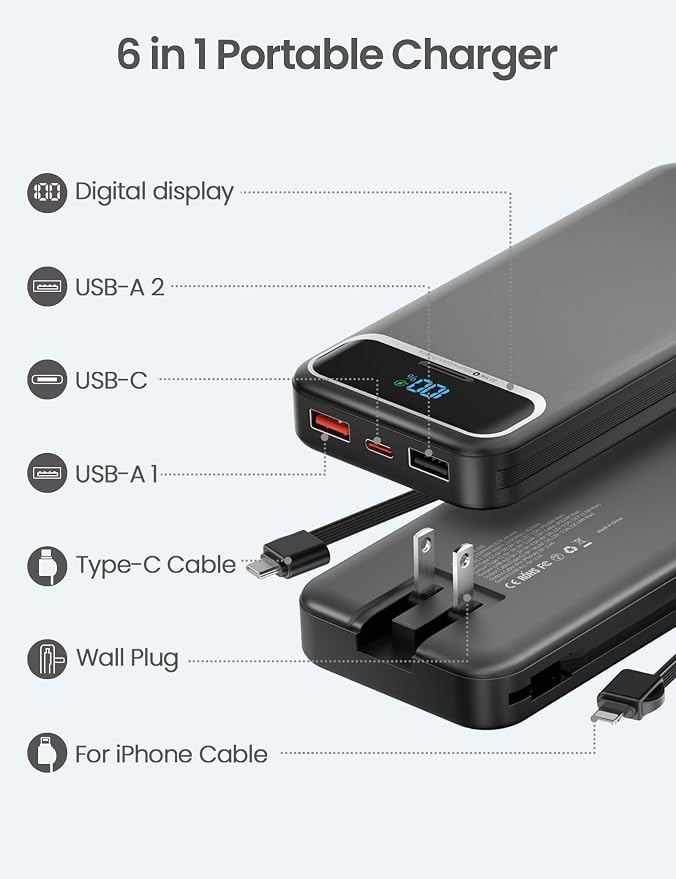 aonidi Portable Charger 12000mAh with Built-in Cables&AC Wall Plug, Black | PD20W USB C Fast Charging,LED Display External Travel Power Bank,TSA approved Battery Pack for All iPhone,Samsung,Android - Image 2