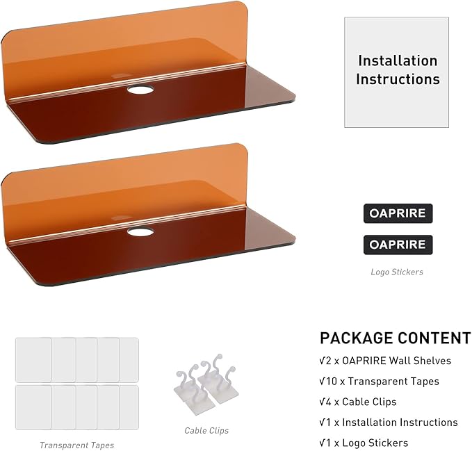 OAPRIRE Acrylic Floating Wall Shelves Brown, No Drill, 9 Inch 2 Pack | Strong Tape Adhesive Wall Shelf, Easy Installation, Hole Design with Cable Clips, Small Spaces Bedroom Bathroom Living Room - Image 7