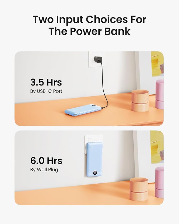 Portable Charger Built-in Cables and Wall Plug, 10000mAh Slim USB C Power Bank, LED Display External Battery Pack Compatible with iPhone/Android & More (Blue) - Image 3