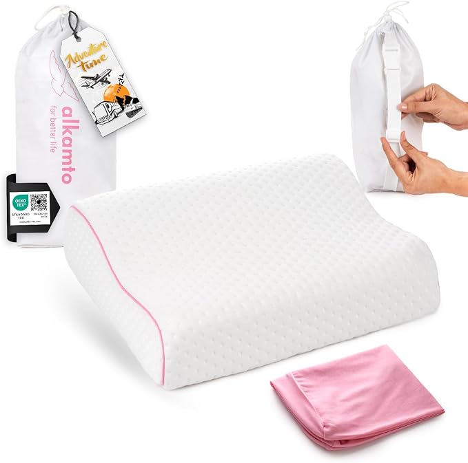 alkamto Travel & Camping Comfortable Memory Foam Pillow – Easy to Carry Portable Bag – Temperature Regulating Pillow Case (Pink Contour + Extra Cover) by Alkamto