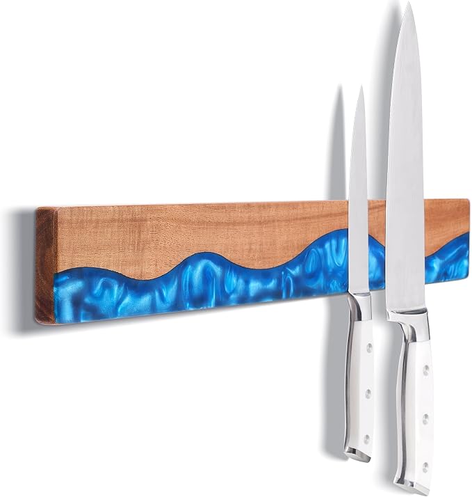 16 Inch Magnetic Knife Holder for Wall, Acacia Wood & Blue Resin Magnetic Knife Strip, Powerful No-Drill Adhesive or Screws Mount, Kitchen Knife Bar Storage Rack ("Ocean" Blue Resin) by ENOKING