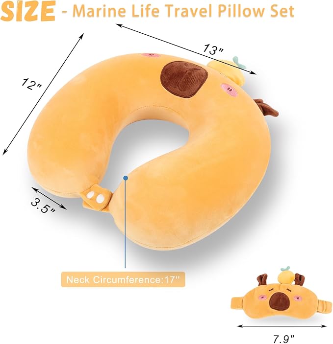 Travel Pillow, Kids Travel Pillow with Sleep Eye Mask Soft Memory Foam Kids Neck Pillow for Boys & Girls, Travel Accessories for Car Airplane Traveling - Capybara - Image 2