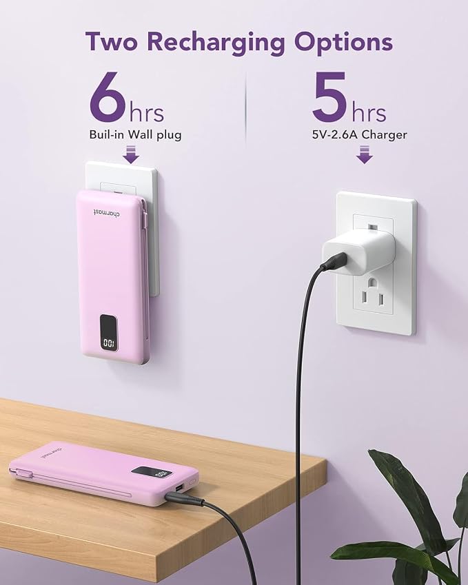 charmast Portable Charger with Built-in Cables and AC Wall Plug | 10000mAh Power Bank with 4 Outputs,USB-C & USB-A Battery Pack,Slim Travel Phone Charger for iPhone,iPad,Samsung,Android - Image 5