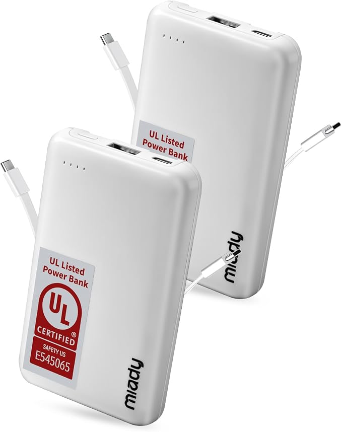 Miady UL Listed 2-Pack Small Portable Charger 5000mAh Power Bank for Travel | 18.5Wh丨Built-in 2 Cables丨3 Outputs 2 Inputs丨Compatible with iPhone Android etc丨Flight-Safe丨for Backpack Campingl丨White+White by Miady