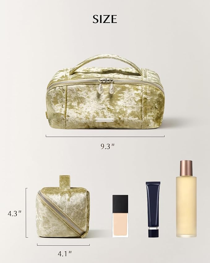 EACHY Velvet Travel Makeup Bag for Women, Flat Open Cosmetic Organizer | Velvet cosmetic organizer with two clear TPU brush pockets and extra storage for makeup, toiletries and travel essentials - Image 7
