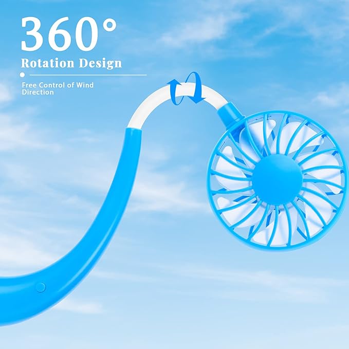 JUANANIUG Portable Neck Fan Rechargeable Personal HandFree Fan Mini USB Wearable Neckband Sport Fan 3 Speed Adjustable 360 Degrees Rotation Perfect for Working Traveling Office Reading (Blue) - Image 2