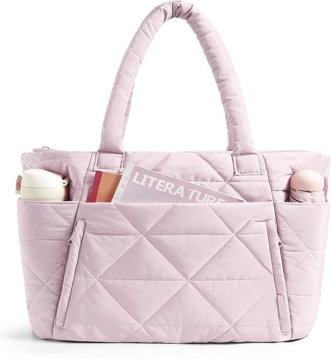 BAGSMART Tote Bag for Women, Puffer Tote Bag with Zipper, Large Quilted Shoulder Bag with Compartments for Travel, Work, Gym by BAGSMART