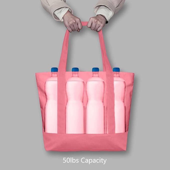 TOPDesign 1-Pack Canvas Tote Bag with an External Pocket, Reusable Grocery Shopping Bag, Top Zipper Closure, Daily Essentials (Rose Pink) - Image 6