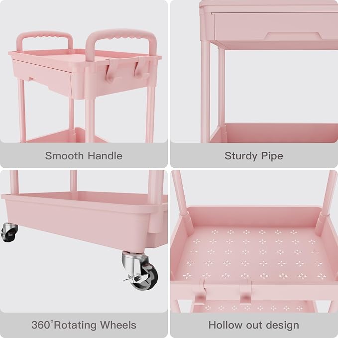 REBECAT 3 Tier Rolling Utility Cart with Drawer,Storage Cart,Rolling Cart for Kitchen,Bathroom,Living Room,Storage Organizer with Iron Wheels（Pink - Image 4