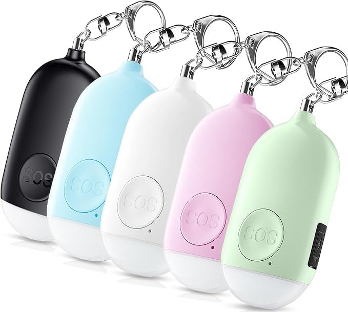 Personal Alarm Siren 5-Pack - 130dB Self Defense Alarm Keychain, Rechargeable with Emergency LED Flashlight - White, Touch Control by Kimfly