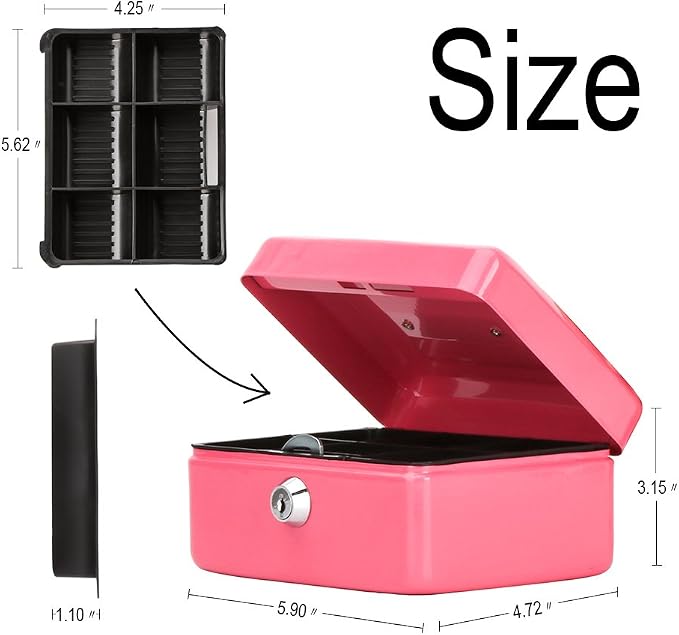 Decaller Small Cash Box with Key Lock, Double Layer Metal Money Box for Home Security, Portable Locking Box, 5.9" x 4.7" x 3.2", Pink - Image 3