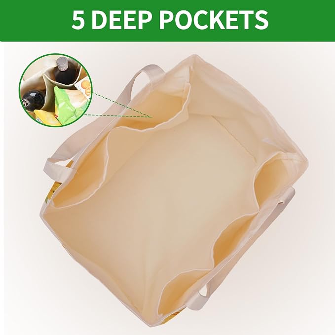 Aesthetic Canvas Reusable Grocery Bags Heavy Duty, 8.3 gal Foldable Large Tote Bag with Handles, Holds 60 lbs & Washable Eco-friendly Bags with 5 Pockets, Beige with a print 3 Bags - Image 5