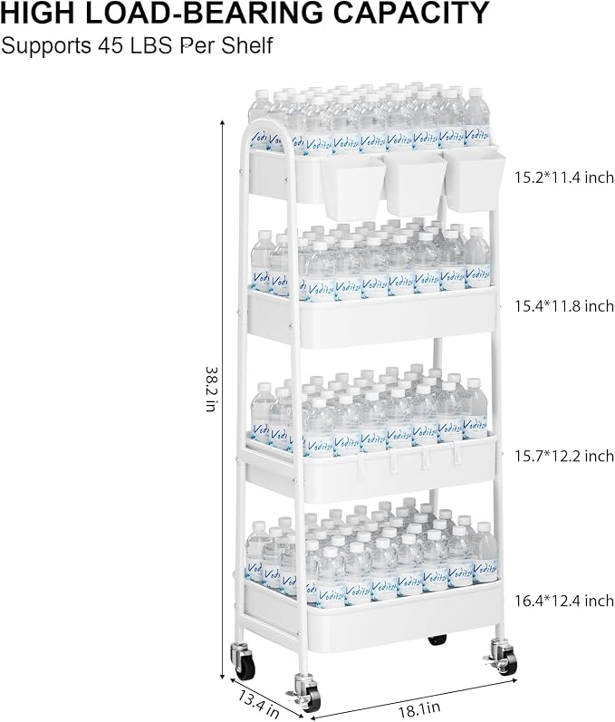 White 4 Tier Rolling Cart Metal with Wheels,Heavy Duty Utility Storage Cart | Four Tiered Roller Shelf Carts Organizer on Wheels for Kitchen, Book, Snack, Craft, Art, Dorm,Large Capacity Basket,38in Tall - Image 9