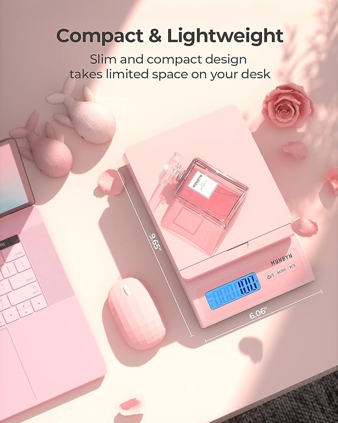 MUNBYN Shipping Scale, 66lb/0.1oz Accurate Digital Postal Scale Pink | Hold & Tare & PCS, Dual Power AC or Battery, Backlit LCD, Sweet Pink Design, Package Weight Scale - Image 7